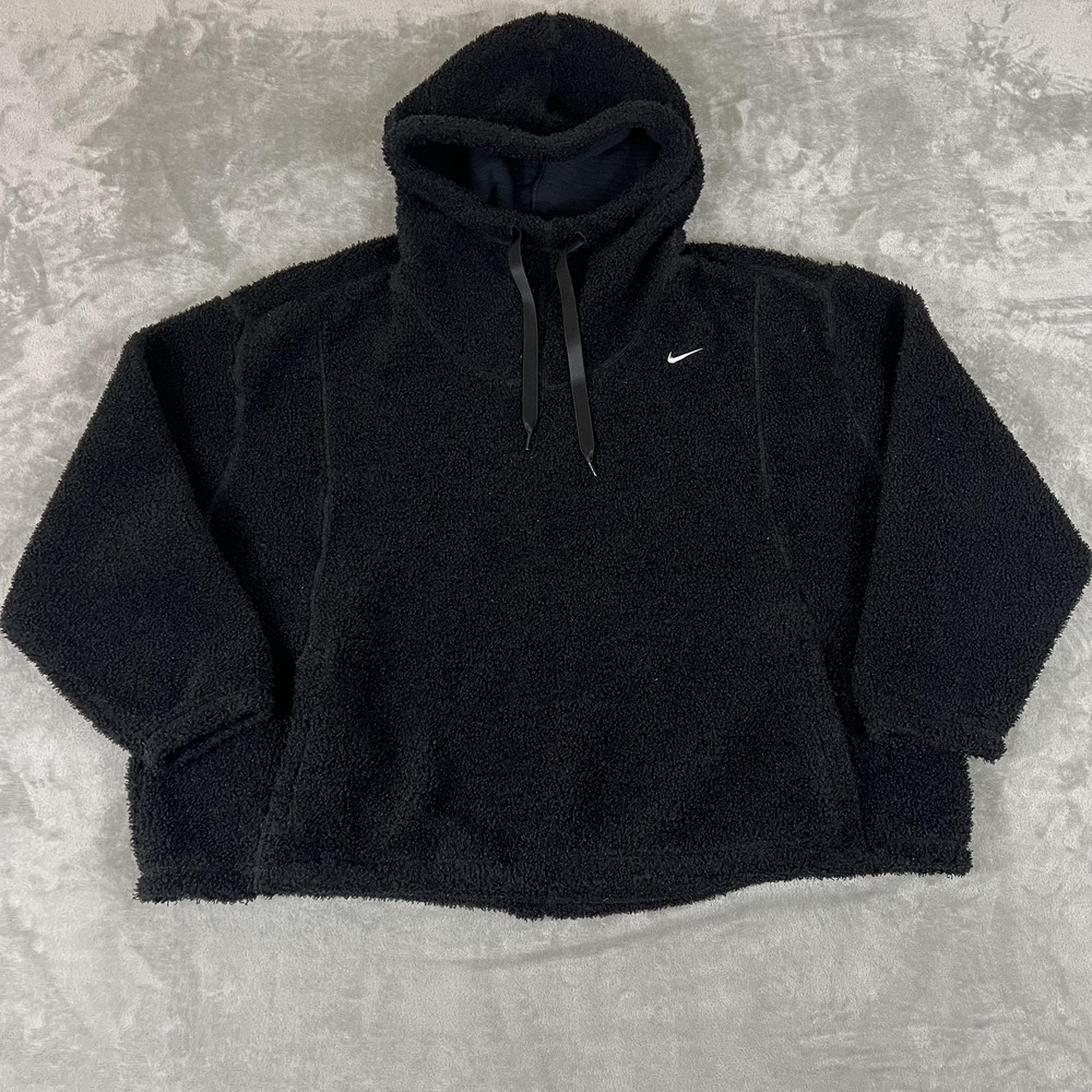 Nike Hoodie Women 2XL Black Therma-FIT Sherpa Fleece Pullover Swoosh DN6435-010